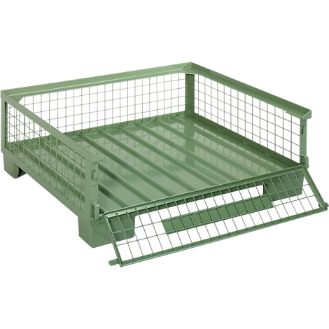 Grüne Metallgitterbox, teilweise geöffnet. Sie steht auf einer robusten Basis.