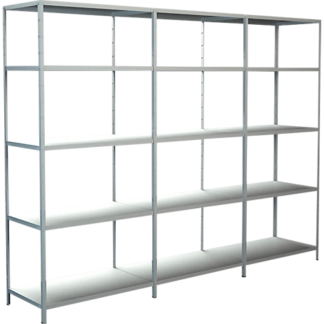 Een lege grijze plank met meerdere niveaus. De structuur bestaat uit metalen staven en platen.