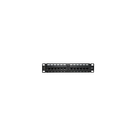 Ein schwarzes Patchpanel mit 12 RJ45-Ports, die in zwei Reihen angeordnet sind. Die Ports sind nummeriert.