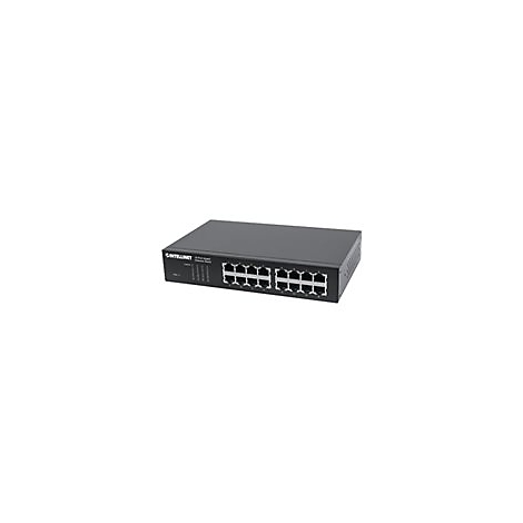 Schwarzer Netzwerk-Switch mit mehreren AnschlÃ¼ssen. Oben links das Firmenlogo und Schriftzug. Der Switch ist leicht schrÃ¤g abgebildet.