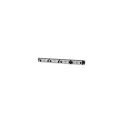 Schwarzes Patchpanel mit vielen AnschlÃ¼ssen und SchriftzÃ¼gen.