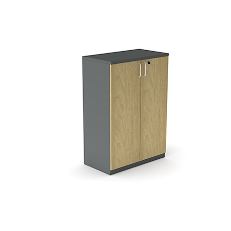 Een grijze kast met twee houten deuren, zilveren handgrepen en een sleutelgat. Op een witte achtergrond.