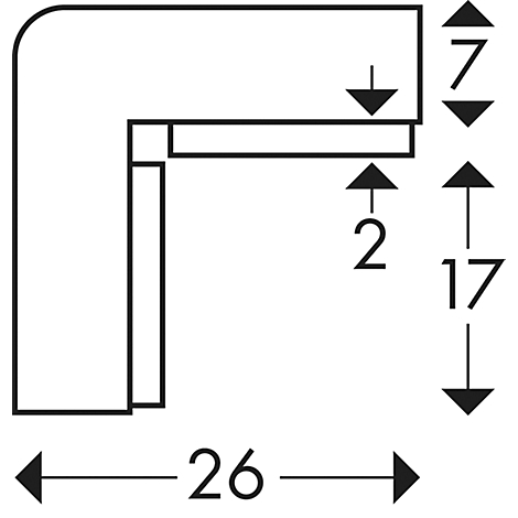 Elemento de esquina con dimensiones en negro sobre fondo blanco: 26, 17, 7, 2.