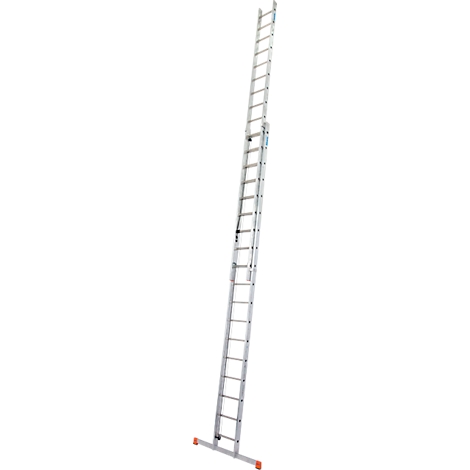 A tall, silver extension ladder with orange feet stands against a white background.