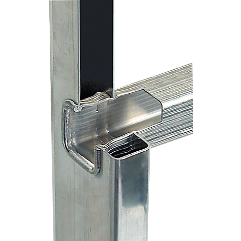 Close-up of a metal joint connecting two metal profiles at right angles.