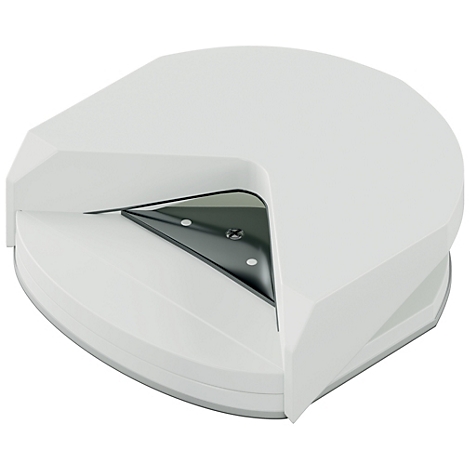 Weißes, rundes Gerät mit einer dreieckigen Öffnung und einer dunklen, metallischen Klinge.