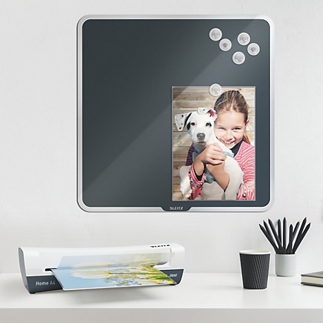 Dunkle Magnettafel mit Foto einer lachenden Person mit Hund, daneben Laminiergerät auf Schreibtisch.