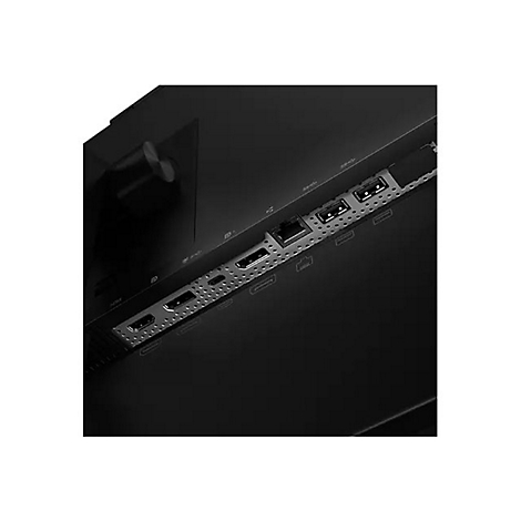 Nahaufnahme der Rückseite eines schwarzen Monitors mit Anschlüssen, darunter HDMI und USB.