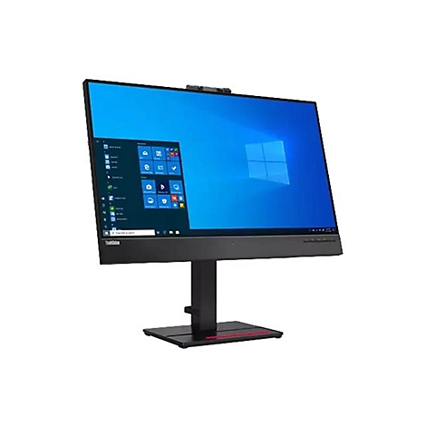 Ein schwarzer All-in-One-PC mit einem Bildschirm, auf dem das Windows-Betriebssystem angezeigt wird. Der PC steht auf einem Sockel.