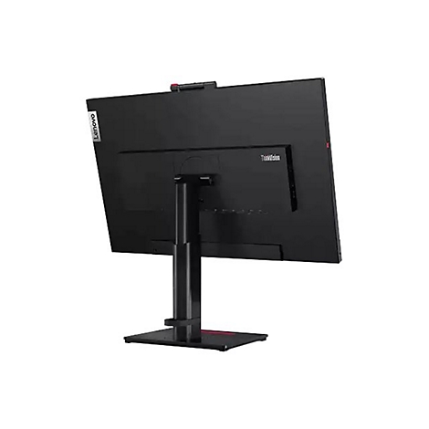 Schwarzer Monitor mit Standfuß, Rückansicht, mit Lenovo und ThinkVision Logo.