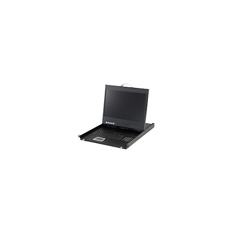 Schwarzer Monitor mit ausziehbarer Tastatur, eingebaut in ein Rack.