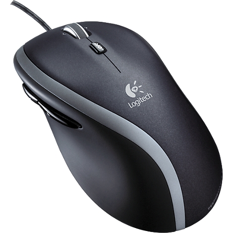 Black Logitech mouse with gray accents, scroll wheel, logo and cable.