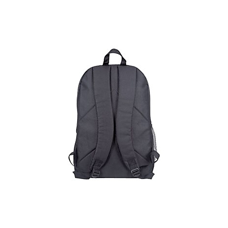 Dunkler Rucksack, RÃ¼ckansicht. Schultergurte, Trageschlaufe, Netzfach.