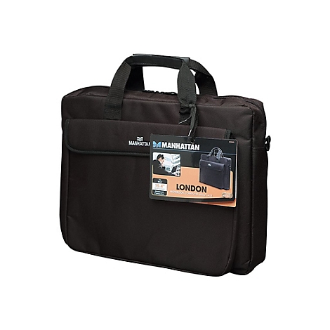 Schwarze Laptoptasche mit Tragegriffen. Manhattan-Label und ProduktanhÃ¤nger.