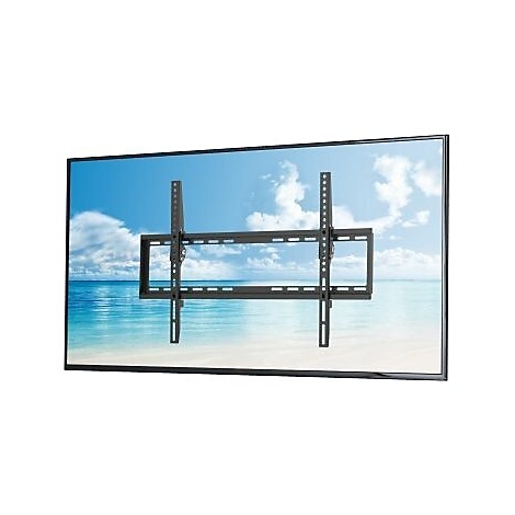 Ein schwarzer Wandhalter fÃ¼r einen Fernseher vor einem Bildschirm mit Strandhintergrund. Die Halterung ist montiert.