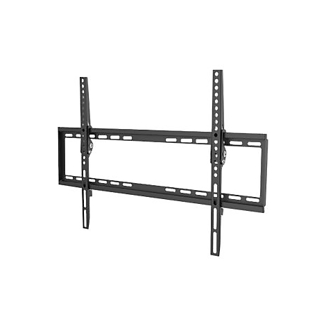 Schwarze TV-Wandhalterung vor weiÃŸem Hintergrund. Aus Metall mit LÃ¶chern und Streben.