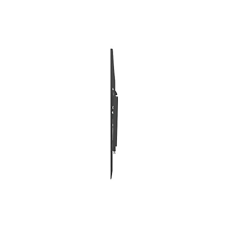 Schwarze TV-Wandhalterung, Seitenansicht vor weiÃŸem Hintergrund. Halterung hat LÃ¶cher fÃ¼r Schrauben und Kabel.
