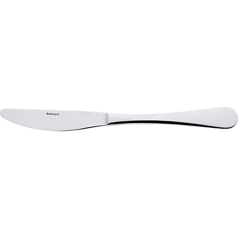 Ein silbernes Buttermesser mit abgerundeter Klinge und Griff, mit einem Schriftzug auf der Klinge.