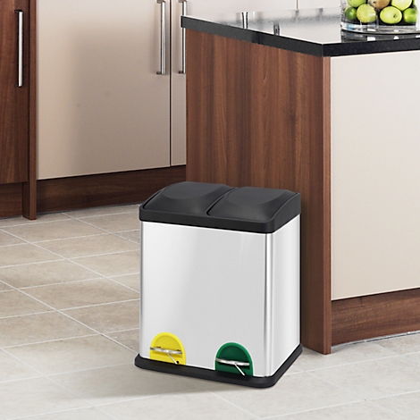  MSV poubelle en inox, 2 récipients de 20L chacun, mécanisme à pédale, poignée de transport, pour l'intérieur et l'extérieur, inox