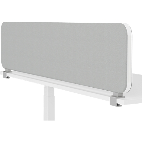 Cloison de bureau grise, fixée au plateau de la table. La paroi est rectangulaire et rembourrée, avec un cadre blanc.