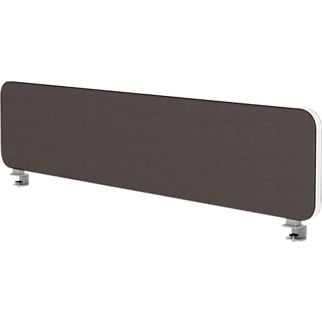 Écran rectangulaire gris foncé avec des extrémités arrondies. Fixé au bas avec deux pinces.
