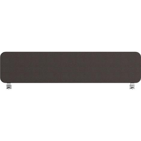 Séparateur de bureau rectangulaire gris avec des coins arrondis et deux pieds argentés.