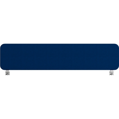 Objet rectangulaire bleu foncé avec des coins arrondis. Au bas, deux petits pieds argentés.