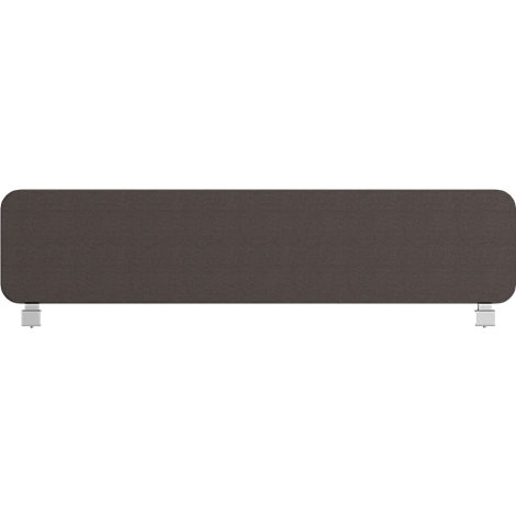 Meuble rectangulaire gris avec des coins arrondis et quatre pieds blancs courts.