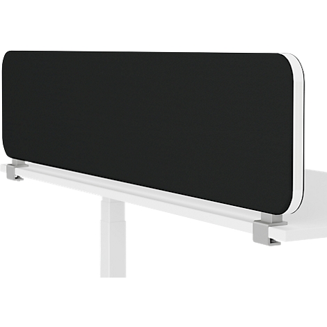 Séparateur de bureau noir avec bordure blanche fixé à une table blanche. Support gris.