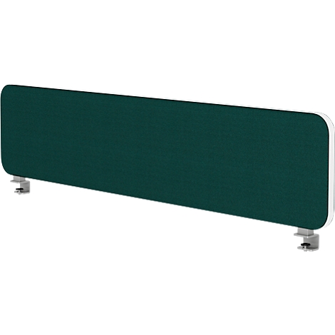 Séparateur de bureau vert aux coins arrondis et aux bords blancs, fixé avec des pinces argentées.