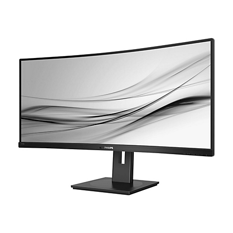 Un moniteur Philips incurvé avec un cadre et un pied noirs, l'écran affiche un graphisme en noir et blanc.