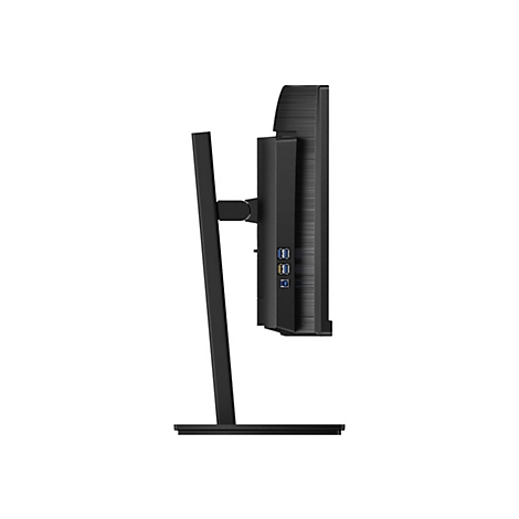 Moniteur noir vu de côté, avec pied et connecteurs.