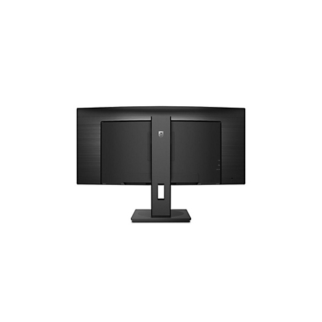 Rückseite eines schwarzen Monitors mit Standfuß, der auf einem weißen Hintergrund steht.