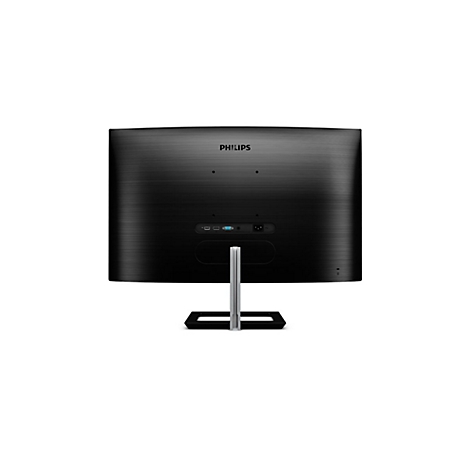 Vue arrière d'un moniteur noir. L'écran est sur un support argenté et possède des ports.