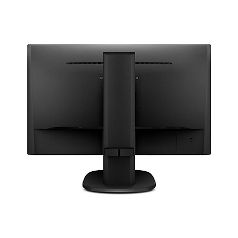 RÃ¼ckseite eines schwarzen Monitors mit StandfuÃŸ vor weiÃŸem Hintergrund.