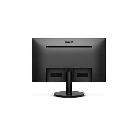 Der schwarze Bildschirmmonitor steht vor weißem Hintergrund. Rückansicht mit Philips-Logo und Anschlüssen.