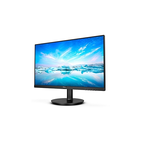 Ein schwarzer Philips Monitor mit blauem Himmel- und Eisberg-Hintergrund. Der Monitor steht auf einem schwarzen Fuß.