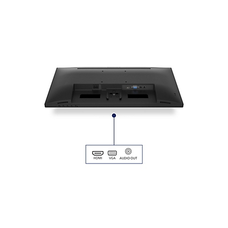 Rückseite eines schwarzen Monitors mit Anschlüssen für HDMI, VGA und Audio. Auf weißem Hintergrund.