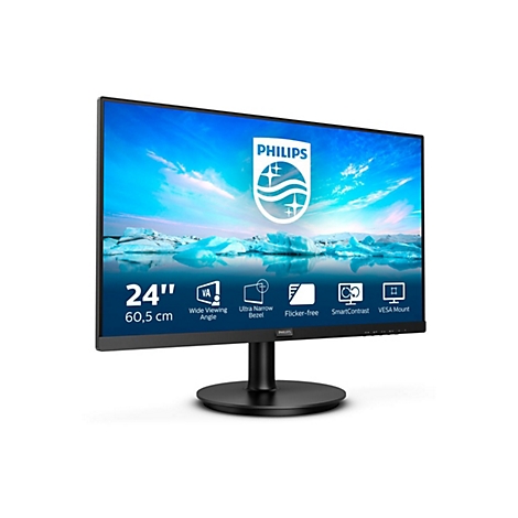 Ein schwarzer Philips Monitor, 24 Zoll, mit Landschaftsdarstellung. Der Monitor steht auf einem schwarzen Standfuß.