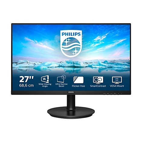 Der 27 Philips Monitor vor weiÃŸem Hintergrund. Der Bildschirm zeigt eine Landschaft und das Logo.