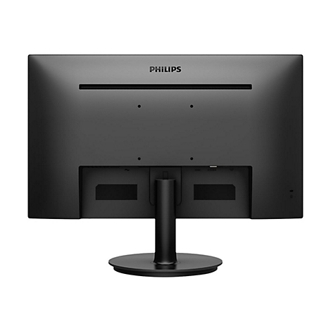 Schwarzer Monitor, RÃ¼ckseite, mit Philips Logo und Halterung auf rundem StandfuÃŸ.