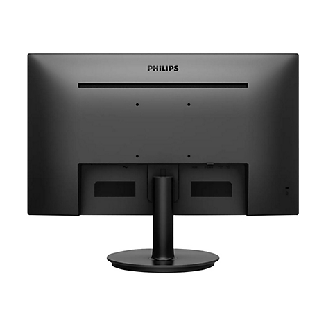 Rückansicht eines schwarzen Philips Monitors mit Logo. Anschlüsse und Standfuß sind sichtbar.