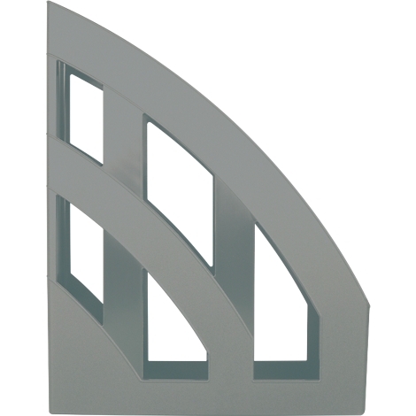 Porte-revues gris et angulaire avec une triple division et un côté ouvert.