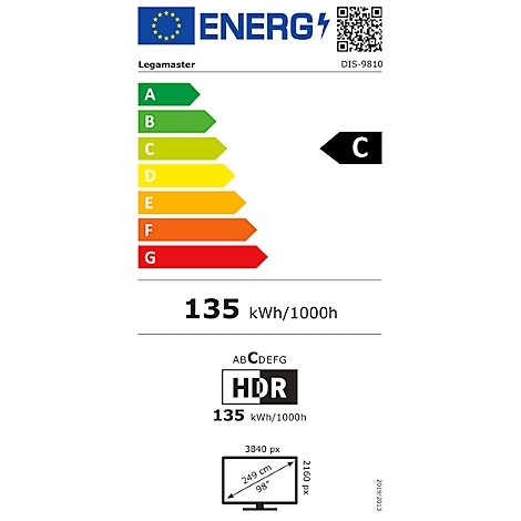 Energielabel für einen Fernseher. Energieeffizienzklasse C, Verbrauch 135 kWh/1000h, HDR. Angaben zu Größe und Auflösung.