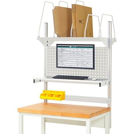 Établi avec ordinateur, bacs à papier et bacs de rangement jaunes.