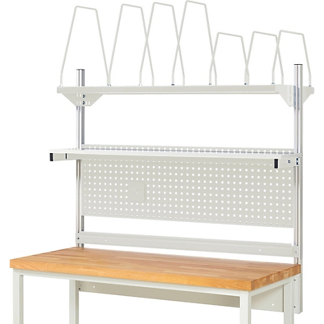 Een werkbanksysteem met een houten blad, een pegboard en draadbeugels.