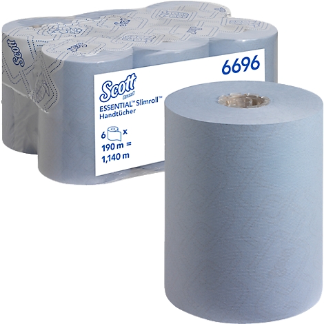 Rollos de papel de cocina azul claro de la marca Scott, parcialmente envueltos, con información del producto.