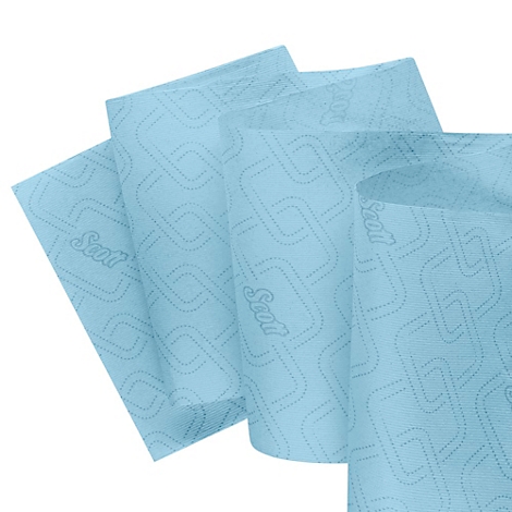 Toallas de papel azul claro, parcialmente enrolladas, con el logotipo de Scott y un patrón geométrico.