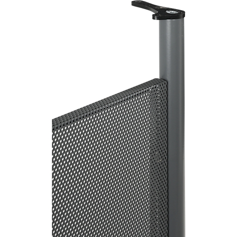 Grey metal wall with a perforated pattern and a grey post. There is a black handle on the top.