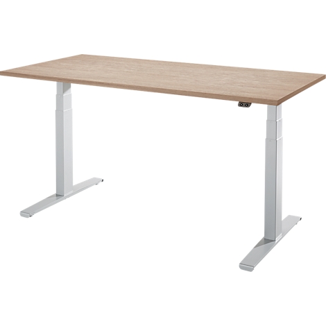 A height-adjustable desk with a wooden top and white legs.